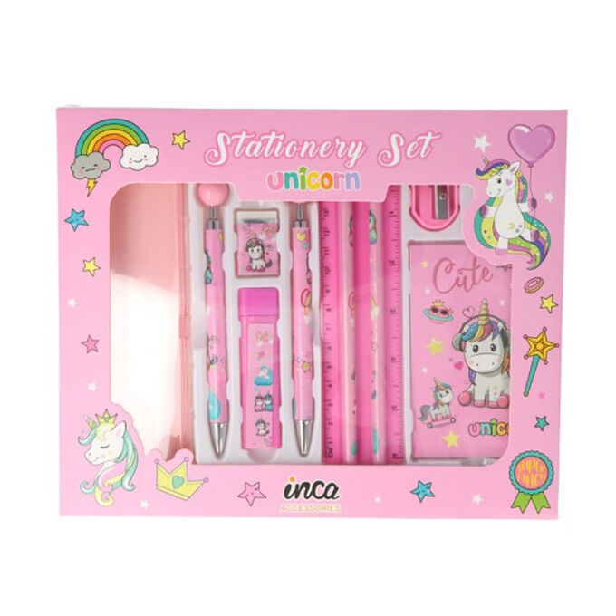 Unicorn  4 piece stationery set in pink 